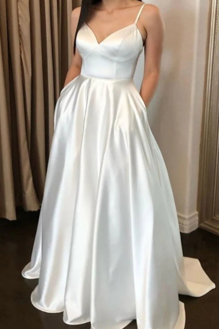 Simple Robe de Mariee Spaghetti Cinghie Abiti da sposa in raso con abiti da sposa a tasche Trajes de nolia