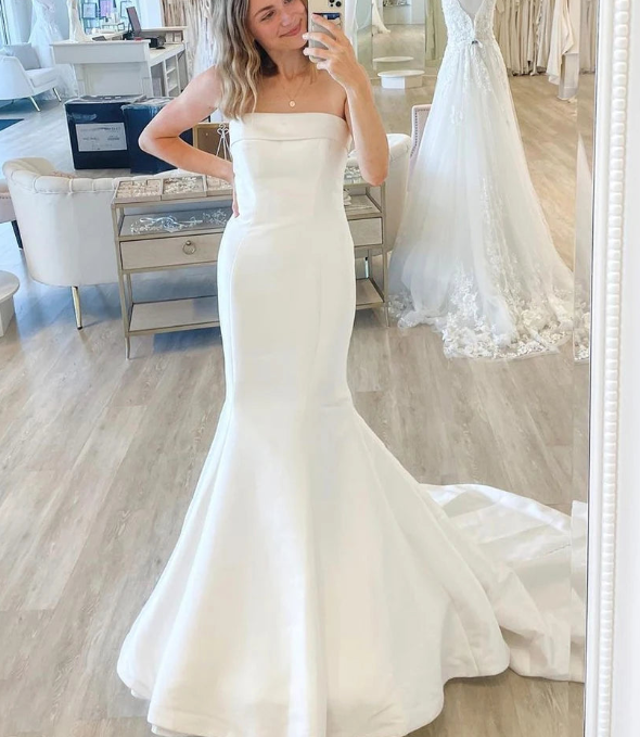 Gaun Perkahwinan Mermaid yang mudah Strapless Satin Sweep Train Gaun Pengantin Tanpa Lengan Untuk Pengantin Vestidos De Novia Robe De Mariee Cutom