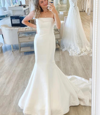 Simple Strapless Mermaid Wedding Dress Satin Sweep Train Sleeveless Bridal Gown For Bride Vestidos De Novia Robe De Mariee Cutom