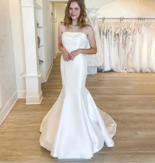 Simple Strapless Mermaid Wedding Dress Satin Sweep Train Sleeveless Bridal Gown For Bride Vestidos De Novia Robe De Mariee Cutom