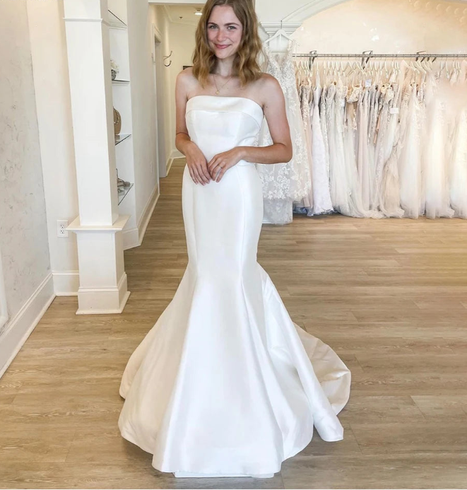 Gaun Perkahwinan Mermaid yang mudah Strapless Satin Sweep Train Gaun Pengantin Tanpa Lengan Untuk Pengantin Vestidos De Novia Robe De Mariee Cutom