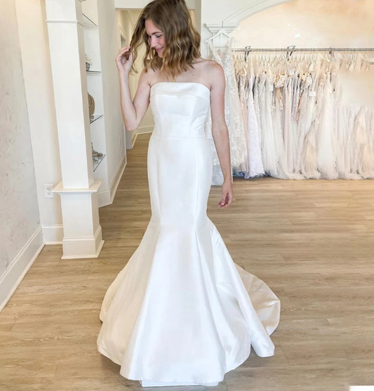 Gaun Perkahwinan Mermaid yang mudah Strapless Satin Sweep Train Gaun Pengantin Tanpa Lengan Untuk Pengantin Vestidos De Novia Robe De Mariee Cutom