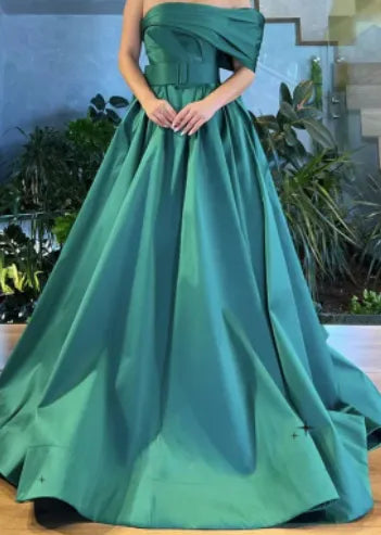 Spring Sexy One Shoulder فساتين السهرة Green Silk Satin Prom Dress Ball Gown Party Dresses A-line Vestidos De Noche Green