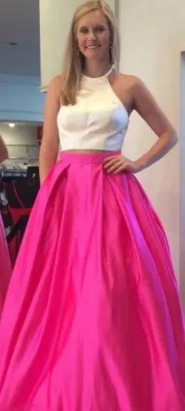 Two Pieces Prom Dresses Satin Off-White Fuchsia Halter Corset Back Floor Length with Pockets Evening Gowns picture color