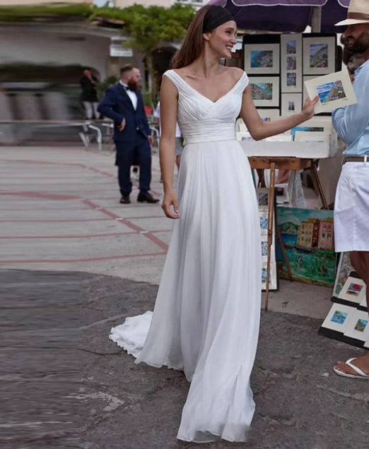 V-neck White Simple Beach Wedding Dresses untuk Wanita Lipatan Rok Sifon Lipatan Gaun Pengantin Backless Seksi Vestido