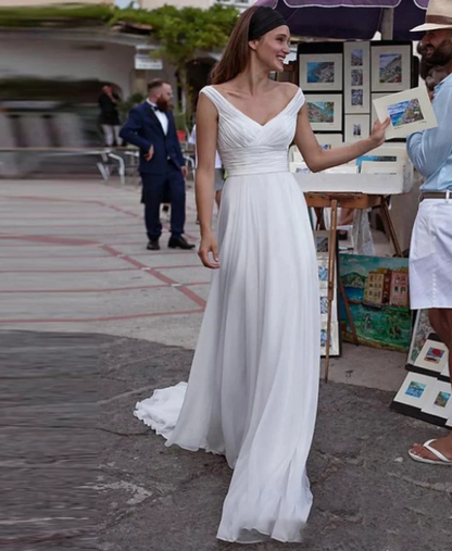 Vestidos de novia de playa sencillos blancos con cuello en V para mujer, falda de gasa plisada, vestidos de boda sexis con espalda descubierta, vestido