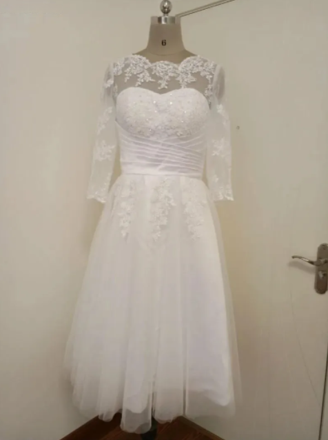 Vestido de noiva curto vintage gading teh panjang gaun pengantin lengan gaun pengantin gaun pengantin pendek gaun pengantin pendek