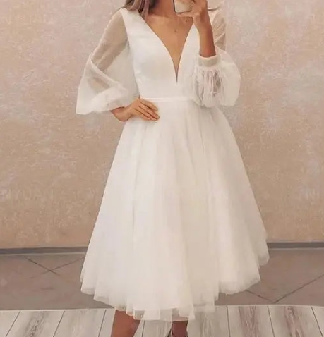 Vestido de Novia Deep V-Neck Puffy Sleeve Kurzes Hochzeitskleid Robe de Mariée Braut Vestido de Fiesta de Boda