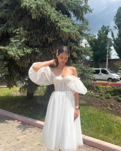 White a Line Midi Bridals Dresses Off Shoulder Sweetheart Bone Corset Wedding Party Dresses for Women Bride Gowns