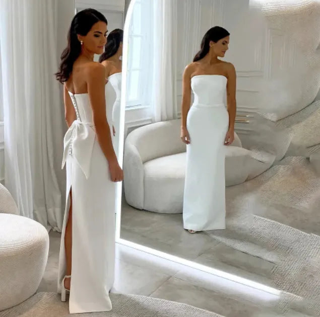 White Elegant Mermaid Wedidng Party Dresses Strapless Women's Evening Dress with Bow Button Slit Formal Prom Gowns White