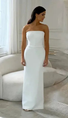 White Elegant Mermaid Wedidng Party Dresses Strapless Women's Evening Dress with Bow Button Slit Formal Prom Gowns White