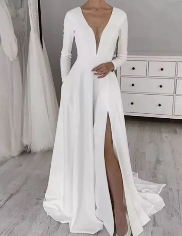 Vestido de noiva de cetim de estiramento branco плле Vestido de festa de casamento de mangas compridas Robe de Soiree