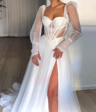 White Tulle A Line Wedding Dresses Long Sleeve Sweethart Sexy Corset Boho Bridal Gowns with Slit Beach Bride Dress with Train White 28w