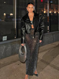 Shining Square Diamonds Sexy Mesh See Through Black Long Skirt Fashion Woman High Street Wear Evening Party Outfit