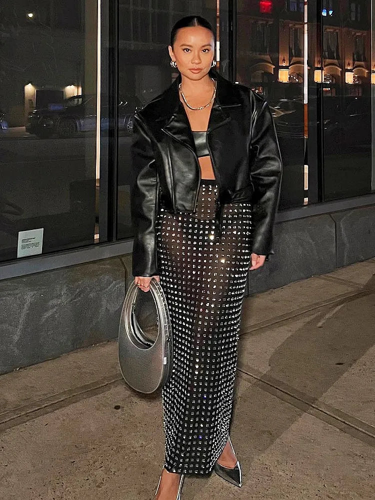 Shining Square Diamonds Sexy Mesh See Through Black Long Skirt Fashion Woman High Street Wear Evening Party Outfit