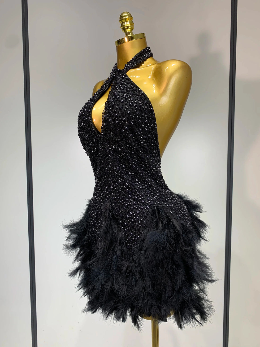 Sexy Backless Feathers Performance Costume Stage Dancer Black Mini Stretchy Nightclub Luxury Birthday Evening Party Dresses Black