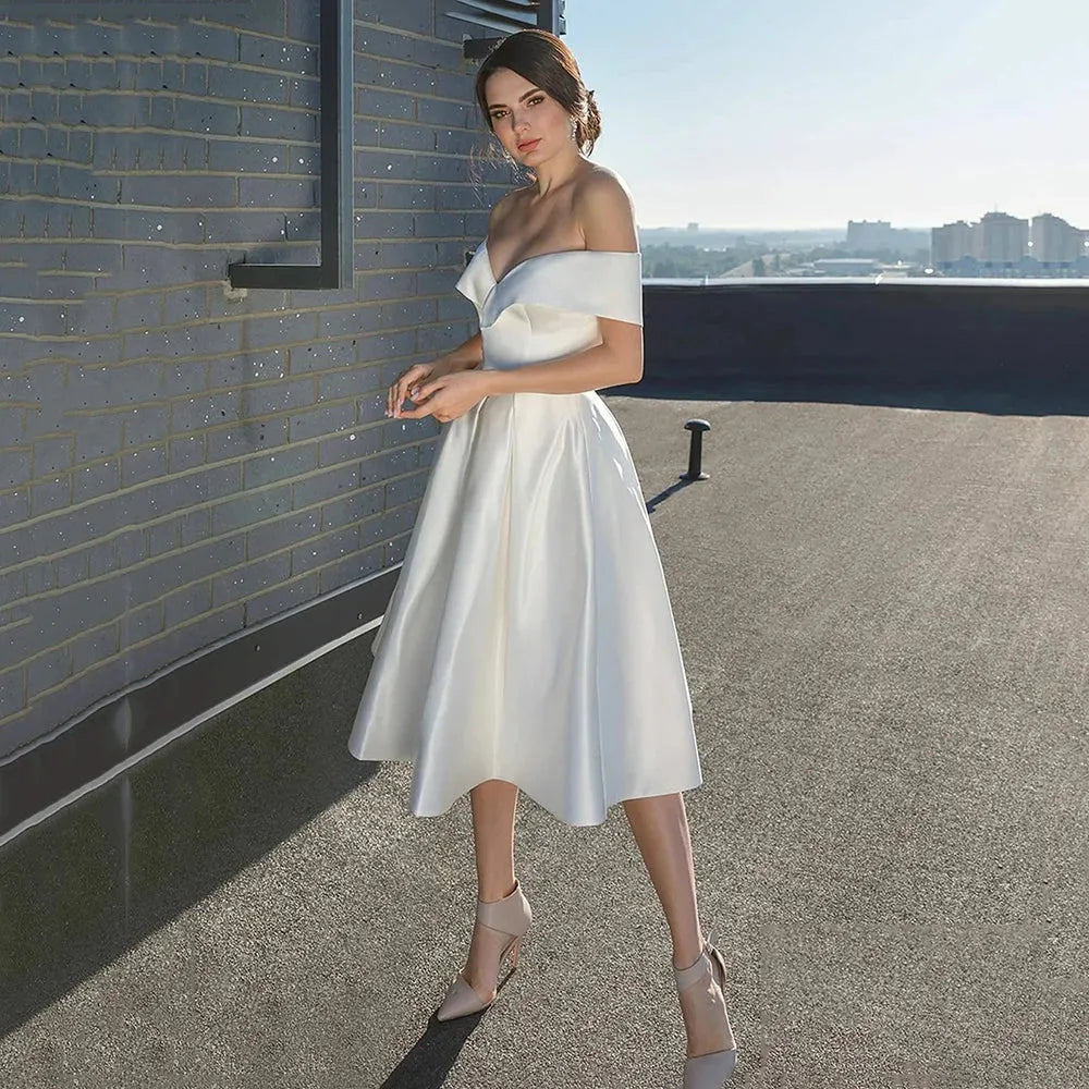 Simple Short Wedding Dress A Line Satin Off The Sexy Shoulder Sweetheart Bridal Gown Custom Made For Bride Vestidos De Novia 14w