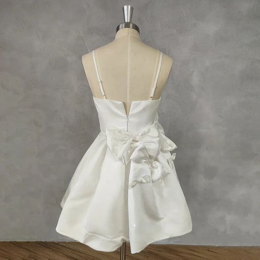 Disegno a collo quadrate Short Wedding Party Dress Bow A-Line Zipper Back Mini Lunghezza Abito da sposa su misura.