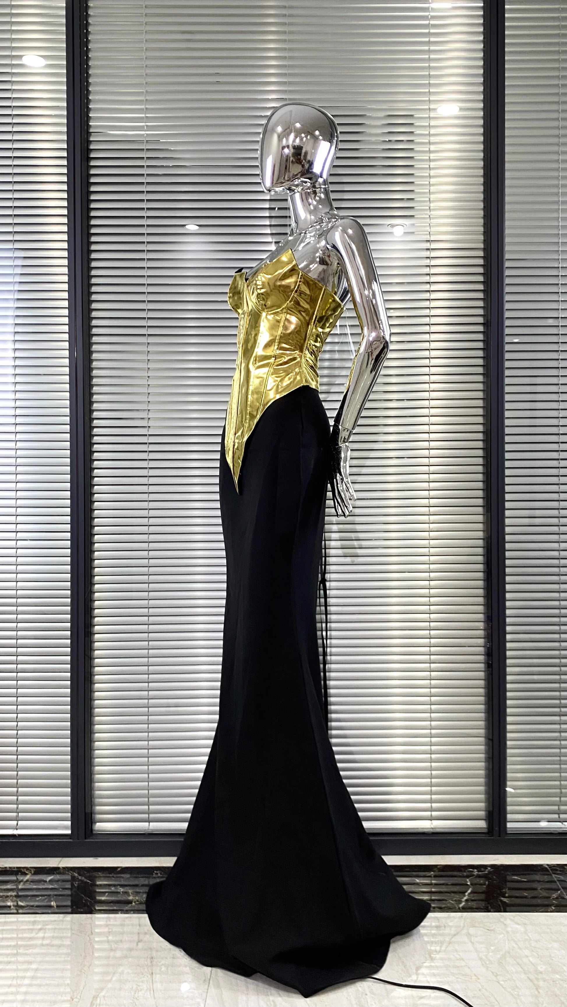 Women Sexy Gold Laced-up Tops Long Maxi Skirt Set Celebrate Evening Party Nightclub Fashion Cocktail Outfit Dress