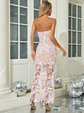 Floral Embroidery Sequins Long Dress Strapless Mesh Patchwork Backless Slim Cocktail Evening Party Gowns