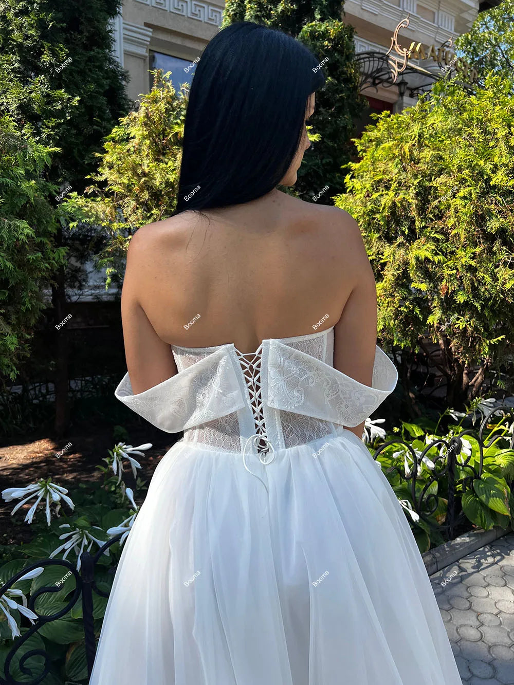 Gaun Perkahwinan Pantai A-Line untuk Wanita dari Bahu Bahu Pengantin Petang Malam Kaki Tinggi Renda Renda Pakaian Bridasl Panjang