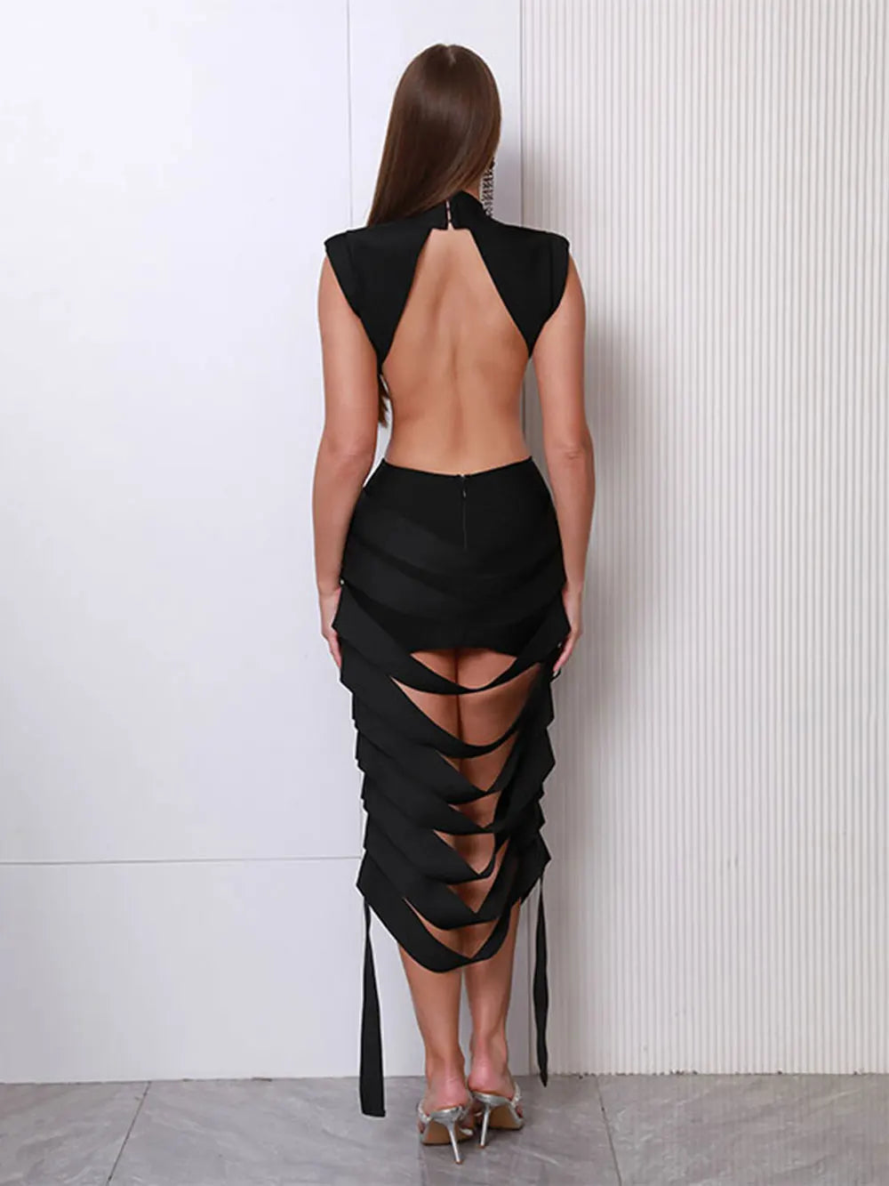 Sexy Women'S Hollow Design Bandage Dress High Neck Sleeveless Waist Exposed Bodycon Backless Mid Length Dress Party Vestido