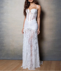 Dreamy White Strappy Corset Lace Transparent Wedding Long Dress Party Evening Gown