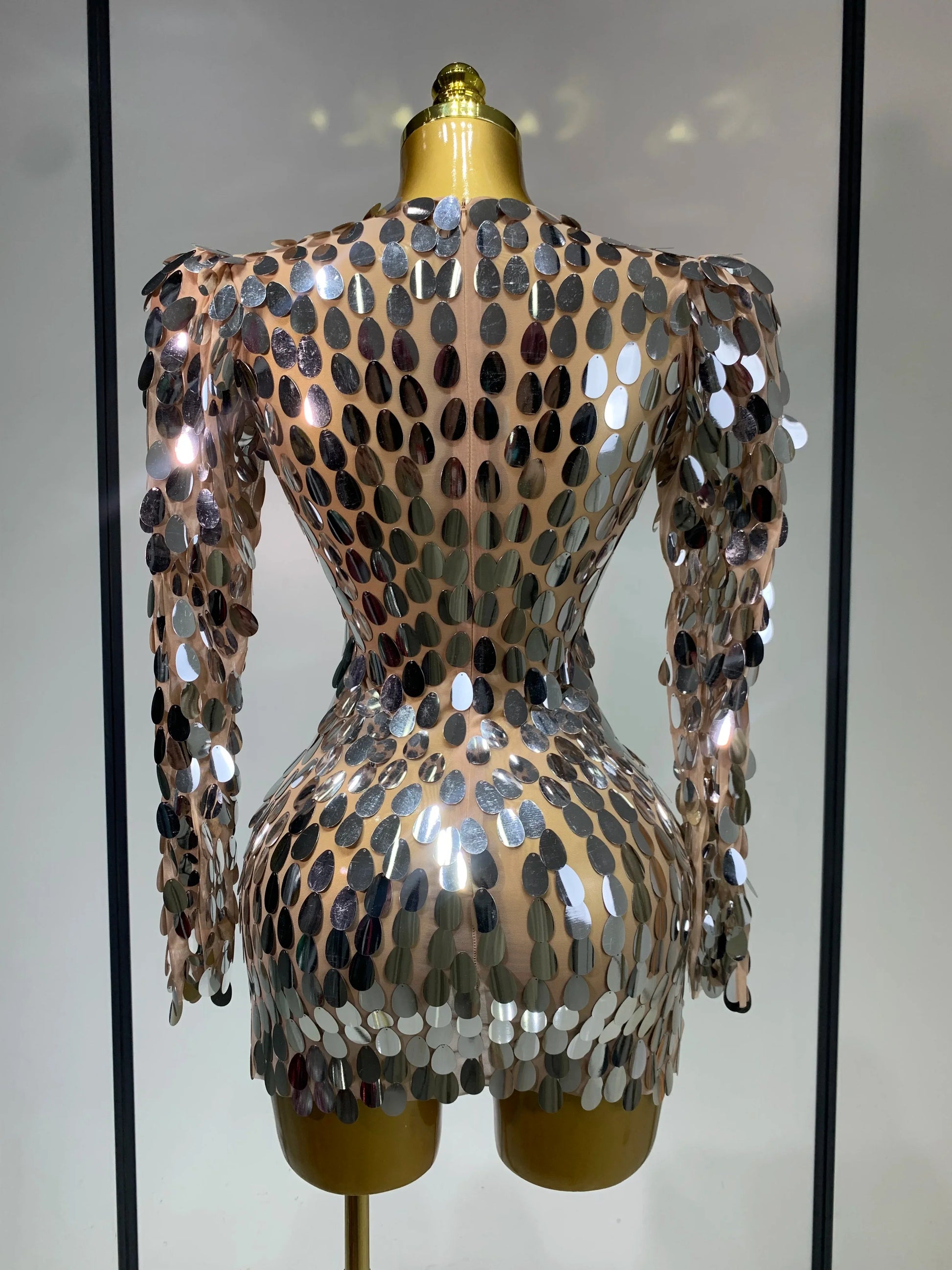 Women Sexy Mesh Stretch Sparkly Sequins Stage Performance Costume Dancer Singer Nightclub Evening Party Luxury Birthday Dress