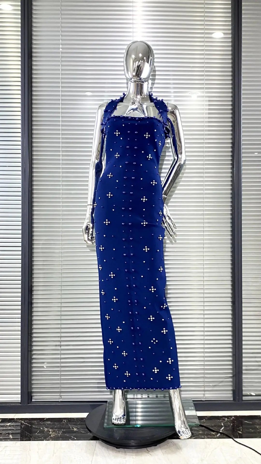 Women Sexy Halter Off the Shoulder Beading Rhinestones Bodycon Long Bandage Dress Evening Party Cocktail Vestido Navy Blue