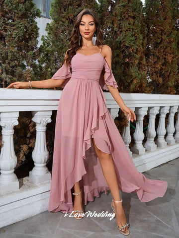 Pink Spaghetti-Strap Bridesmaid Dresses Chiffon V-Neck Ruffles A-Line Side Split Backless Wedding Guest Dresses Customized