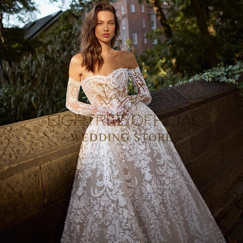 Elegant A-Line Wedding Dresses Appliques Lace Long Sleeves Bridal Dress Boho Beach Wedding Prom Ball Gowns Customized