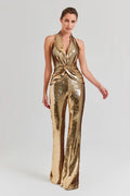 Golden Sequins Stylish Flare Pants Halter Blackless Jumpsuit Woman Fashion Party Outfit Stage Performance Costume