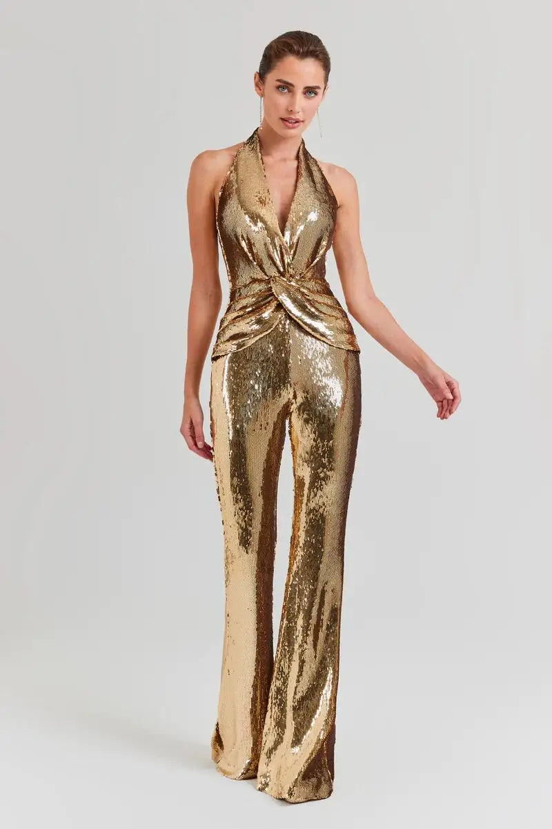 Golden Sequins Stylish Flare Pants Halter Blackless Jumpsuit Woman Fashion Party Outfit Stage Performance Costume
