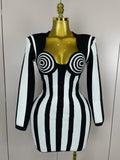 Luxury Sexy Long Sleeve Stripe Black White Mini Bandage Dress Women Knitted Celebrity Elegant Evening Club Birthday Dresses black