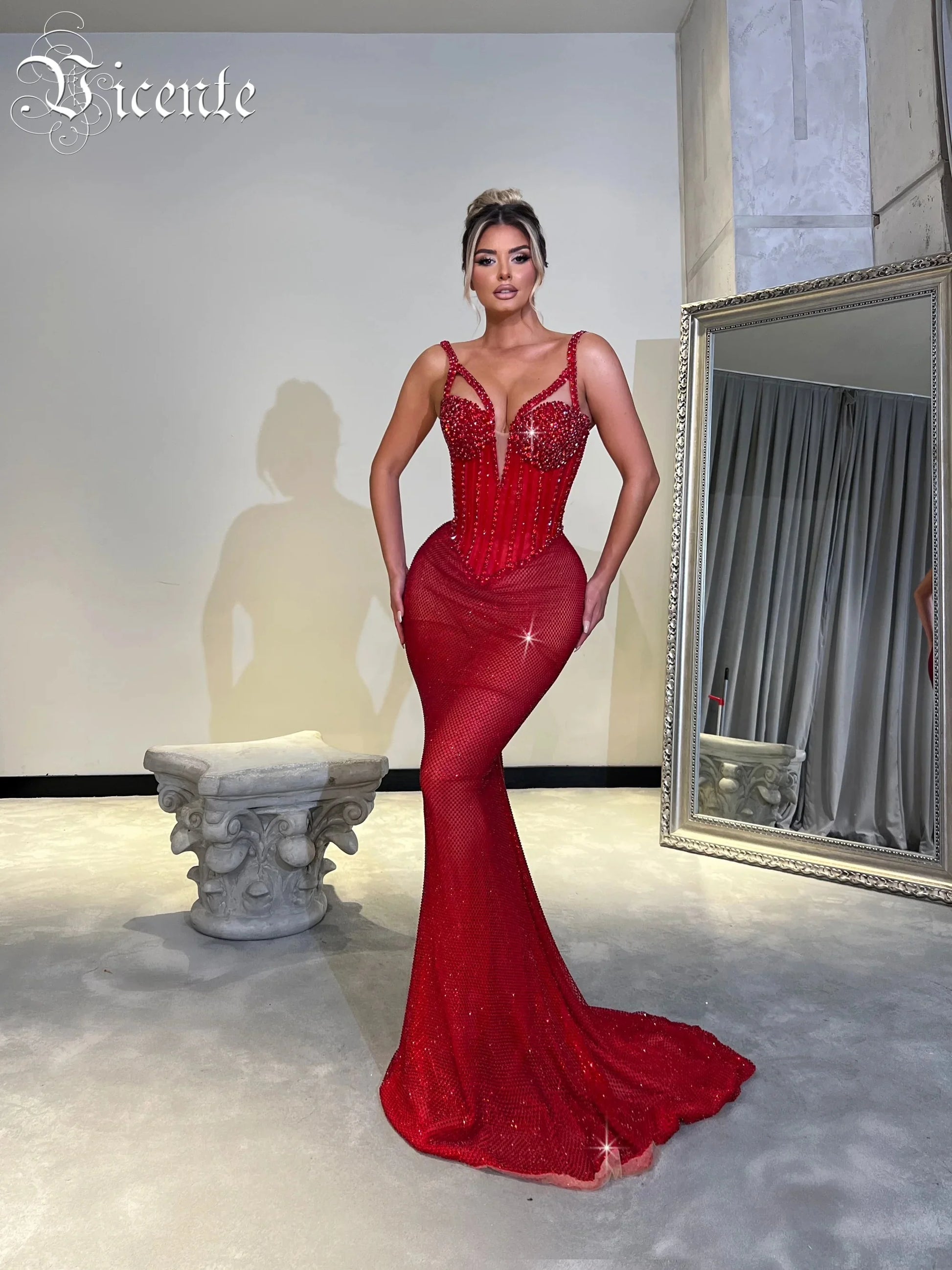Enchanting Sparkling Red Mermaid Sequins Strappy Sleeveless Dress Party Evening Gown