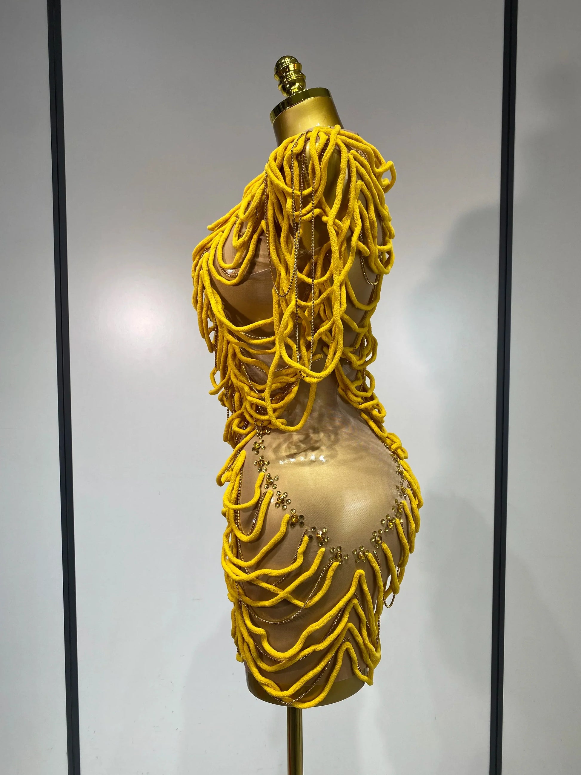 Women Sexy Mesh See Through Designer Rhinestones Chain Stage Performance Costume Nightclub Celebrate Party Luxury Birthday Dress