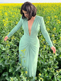 Deep V Plunge Long Dress For Women Folded Long Sleeves Pleated Bodycon Elegant Celebrity Evening Party Cocktail Gowns Vestido