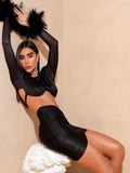 Fashion Pad Shoulder Feathers Cuff Short Corp Top And Mini Skirt 2 Piece Set Birthday Party Vestido Club Party Outfit