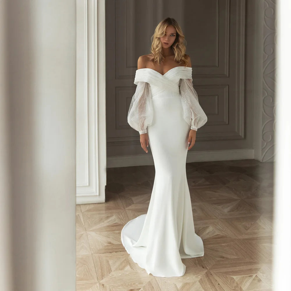 Luxury White Satin Off spalla a manica lunga sirena abiti da trailer per donne eleganti vestido da festa lunga