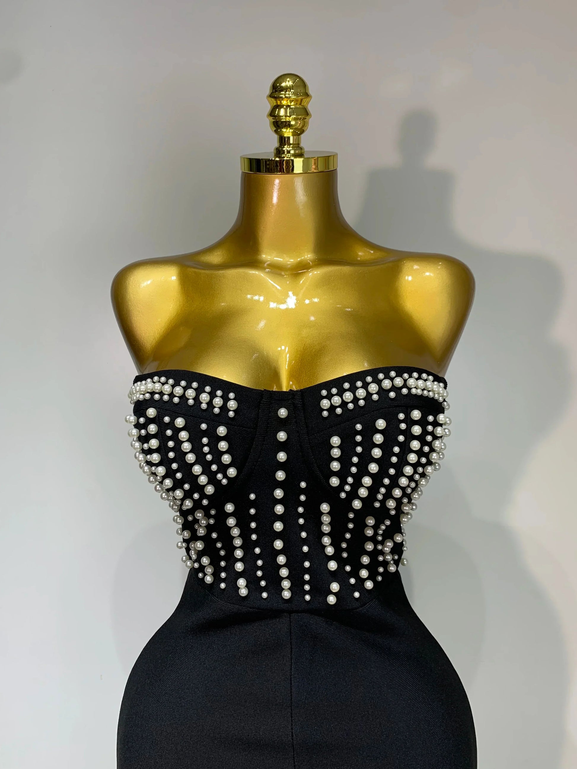 Women Sexy Black Sleeveless Backless Pearls Beaded StraplessBeading Bodycon Bandage Jumpsuit Evening Party Birthday Club Outfit