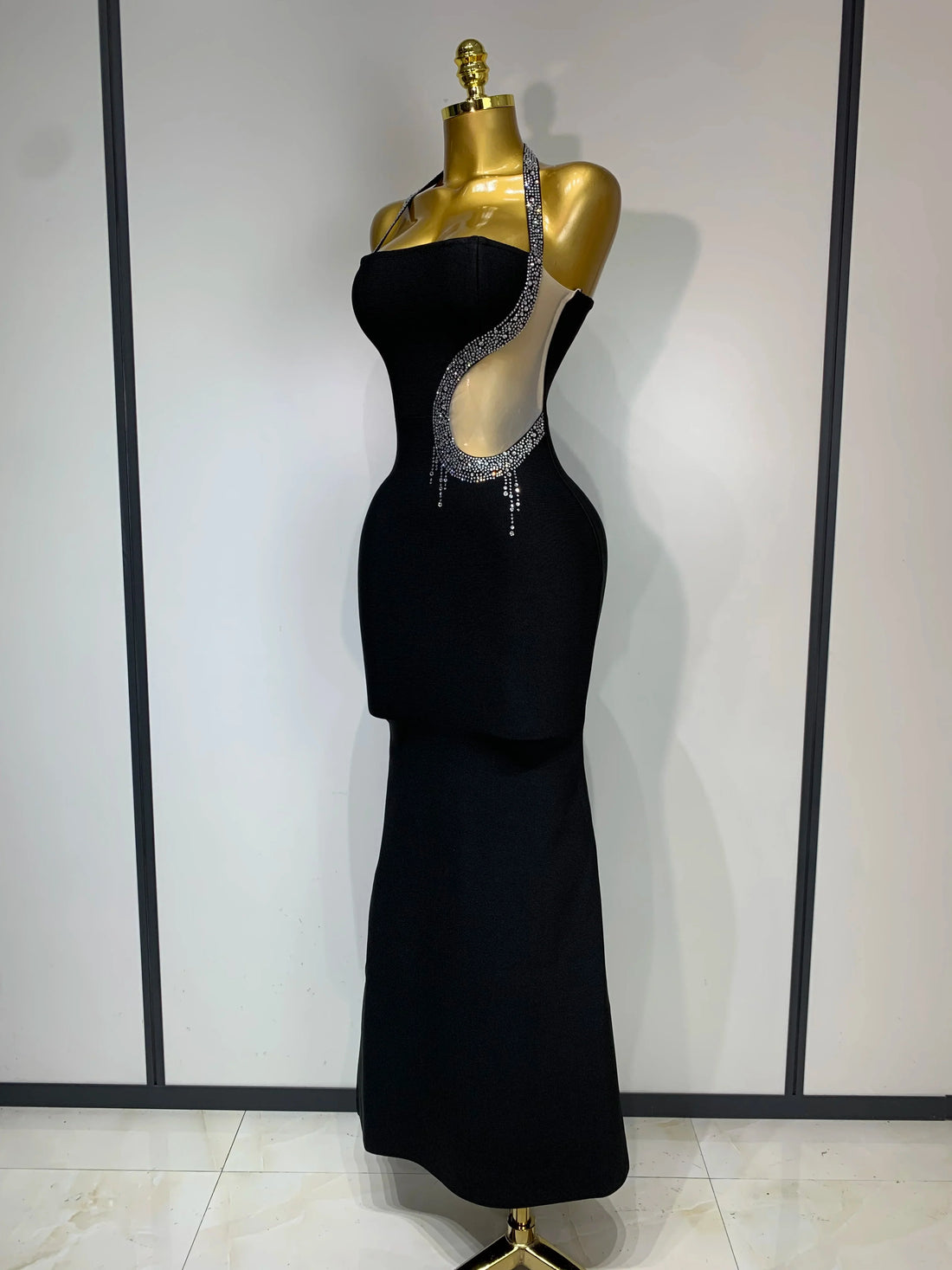 Women Sexy Rhinestone Halter Long Bandage Bodycon Dress Celebrity Elegant Evening Party Luxury Birthday Wedding Dresses black