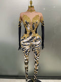 Sparkly Gold Rhinestones Jumpsuit With Gloves Women Sexy Printed Party Nightclub Bar Singer Stage Performance Costume Gold