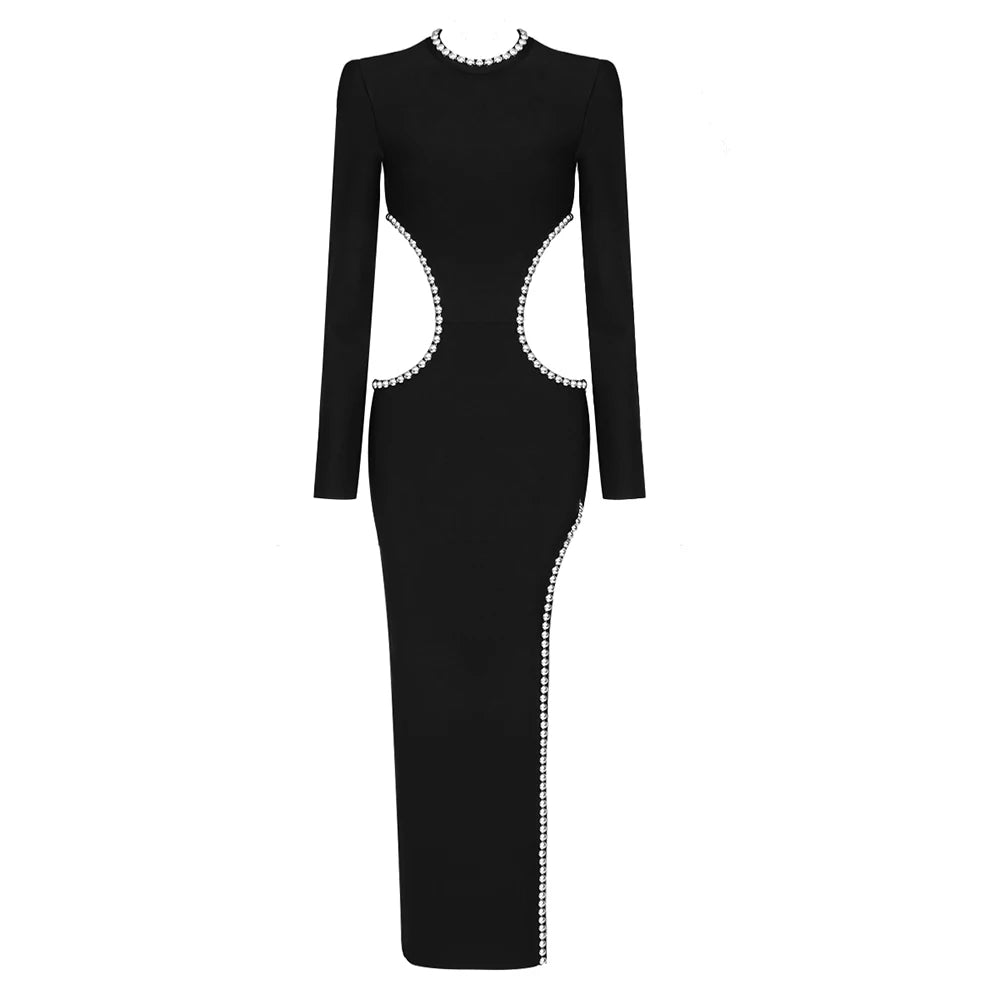 Winter Black Dress Women Sexy Hollow Out High Slit Fashion Party Wear Bandage Dress With Long Sleeve black