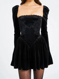 Sexy Women's Christmas Dress Lace Square Collar Bubble Long Sleeve Slimming Bareback Drawstring pleated Mini Dress Vestidos