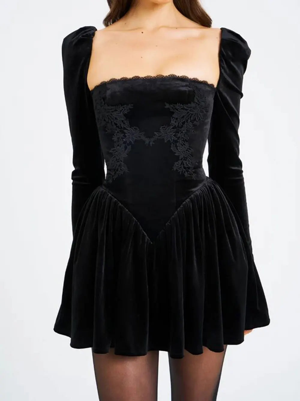Sexy Women's Christmas Dress Lace Square Collar Bubble Long Sleeve Slimming Bareback Drawstring pleated Mini Dress Vestidos