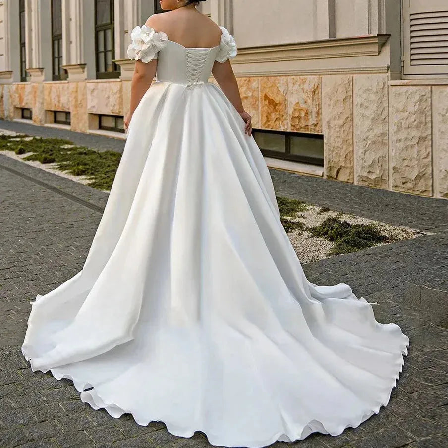 Sexy Wedding Dress Plus Size Satin A-Line Lace Up Vestidos De Novia Off Shoulder V Neck Side Split Bridal Gowns Ivory 24w