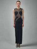 Cool Fashion Black White Sheer Mesh Sleeveless O-Neck Ankle Dress for Party Date Night Evening Gown