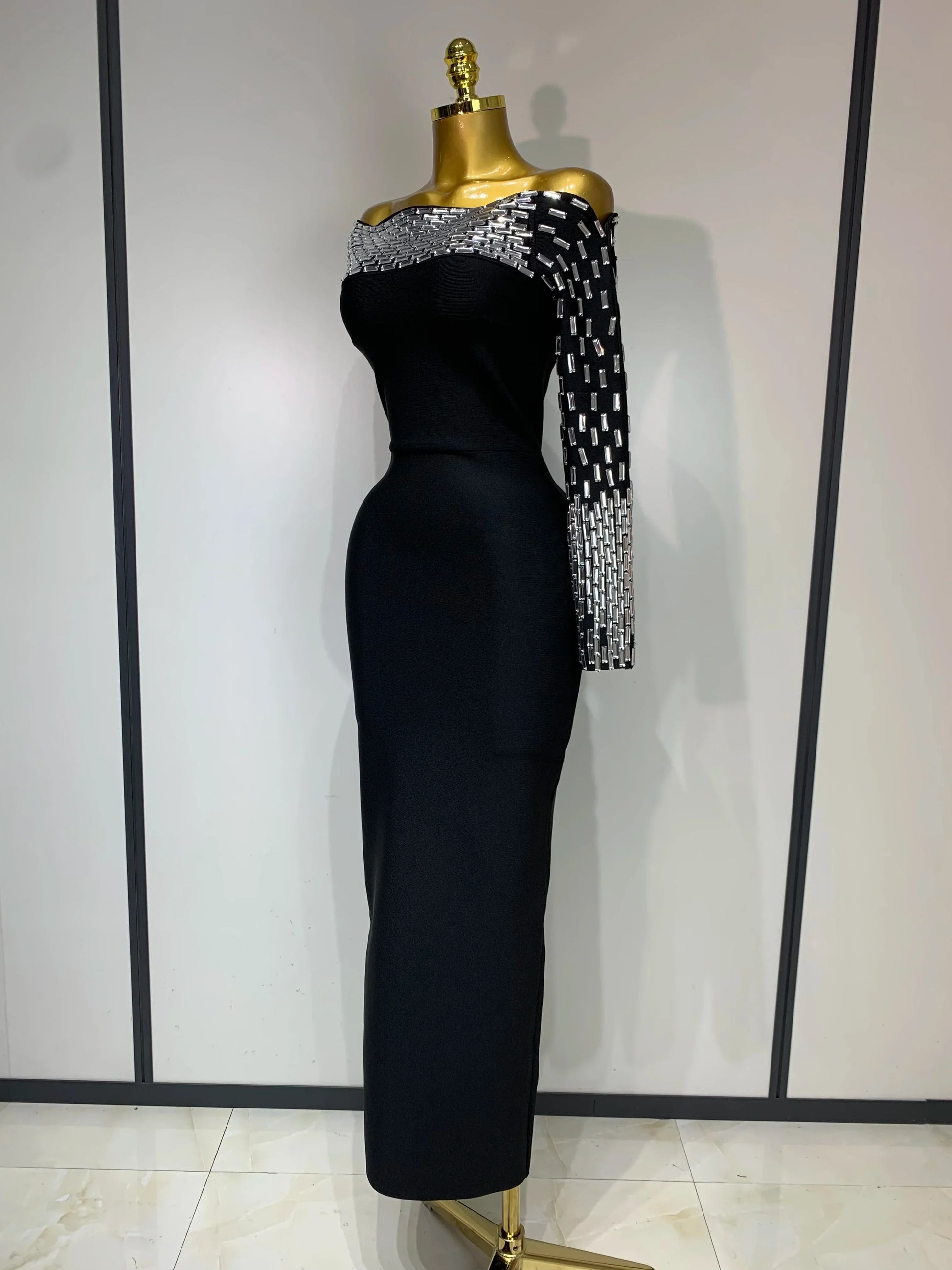 Women Celebrity Sexy Off-shoulder Diamonds Black Maxi Long Bandage Dress Evening Party Celebirty Elegant Stage Performance Dress