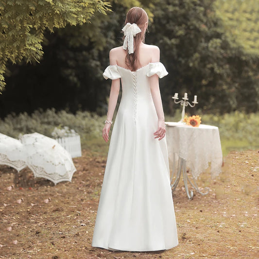 Vestido de novia de satén blanco francés con cuello barco y manga abullonada, elegante, Sexy, con abertura frontal, largo de noche, vestido Formal de fiesta para mujer