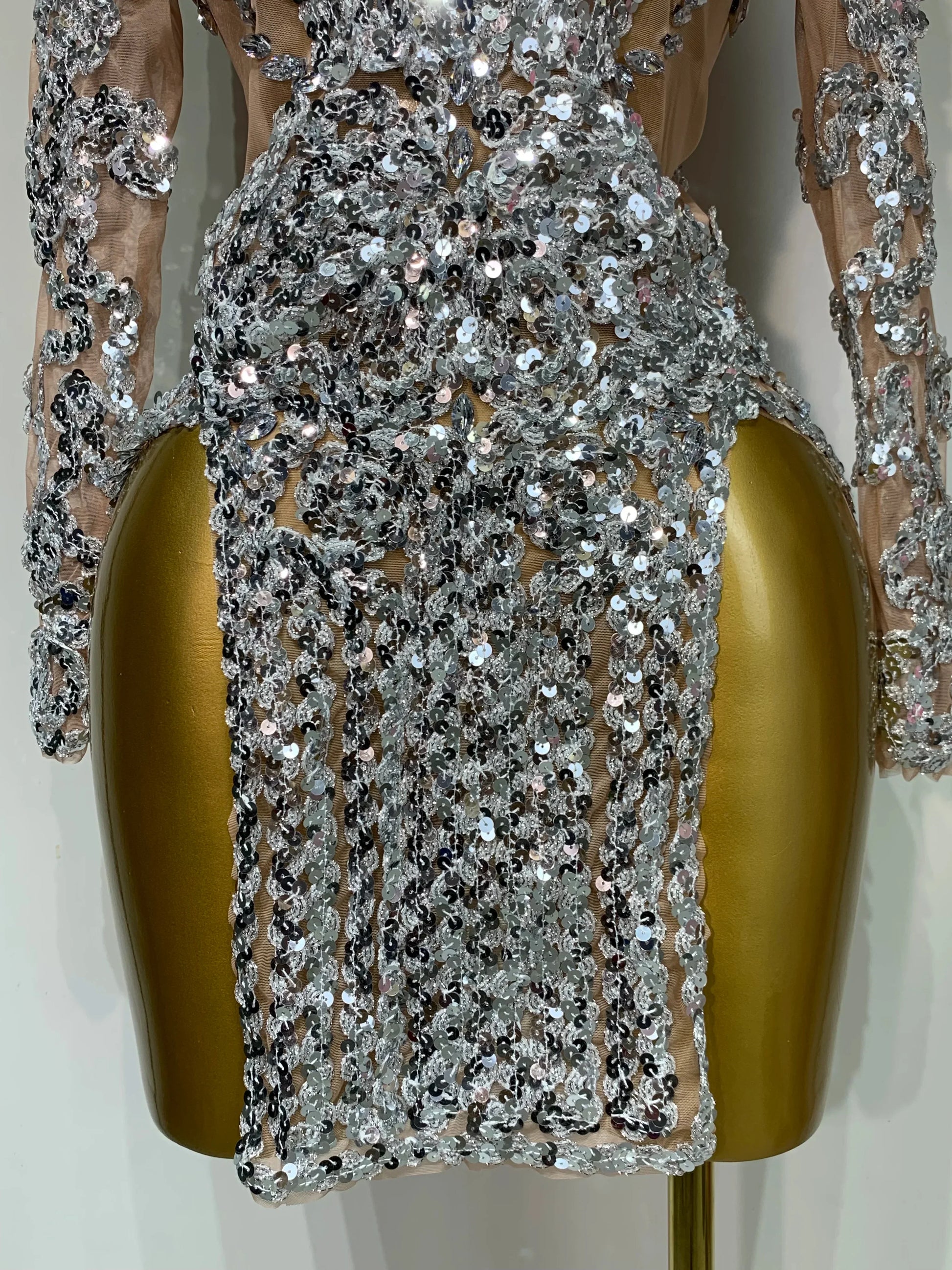 Sparkly Silver Gold Sequins Short Dress Sexy High Slit Women Nightclub Evening Party Dress Birthday Singer Stage Show Outfit